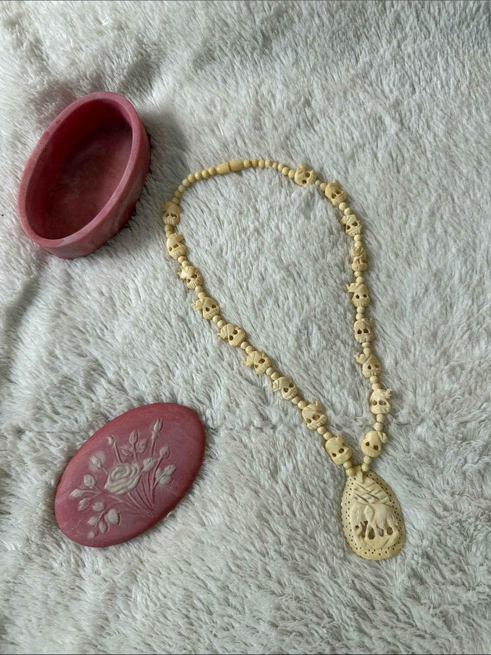 Beaded Carved Bone Pendant Necklace in Ivory